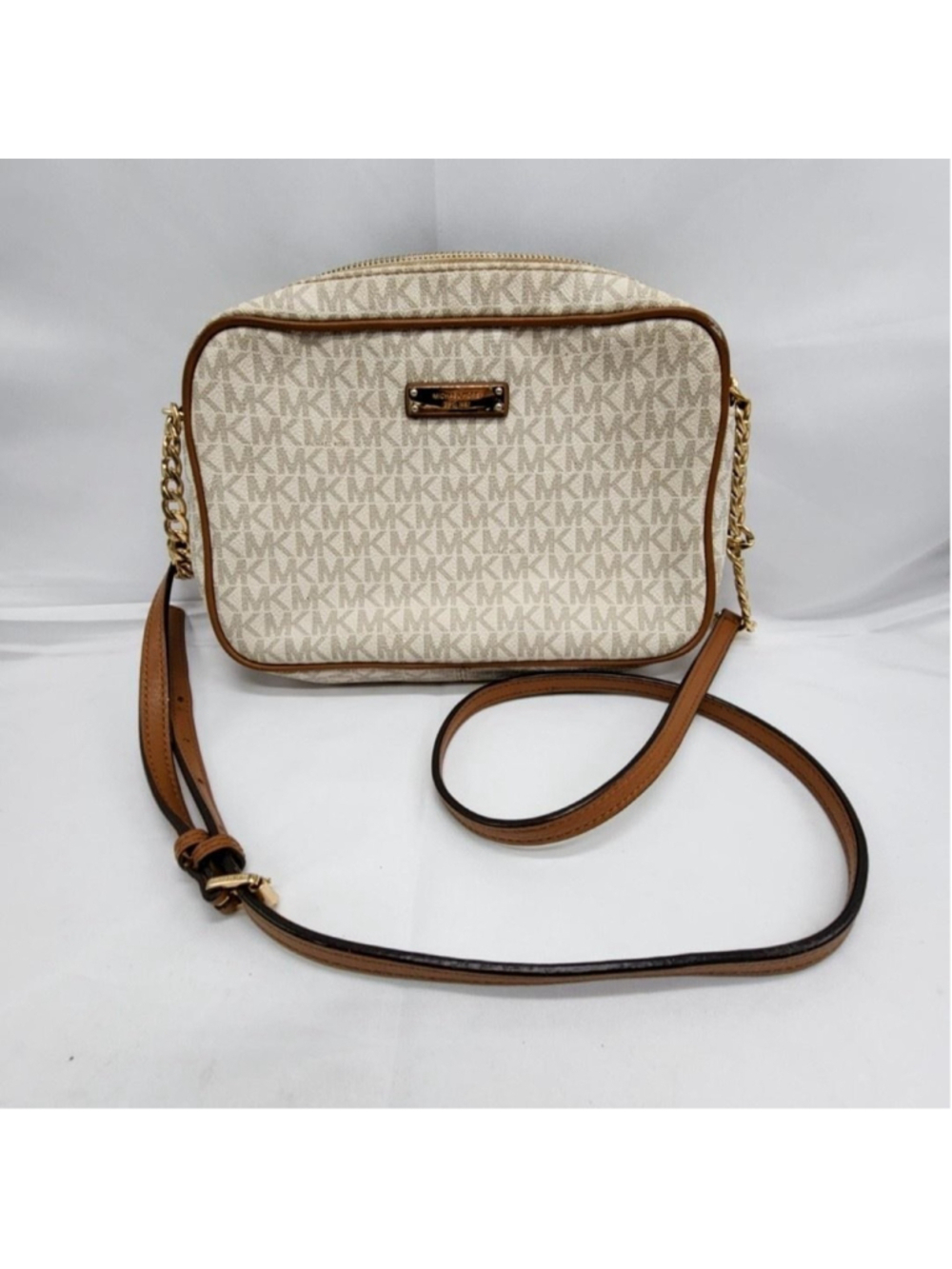 Michael Kors Crossbody Bag Womens Small Beige Logo Canvas Leather Purse Zip